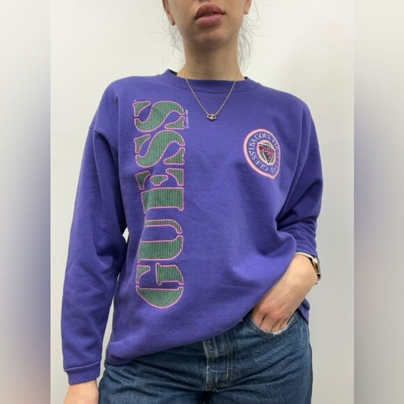 Guess Sweaters - Guess Vintage 1989 Purple Graphic Crew Neck Jersey Sweatshirt Size M
